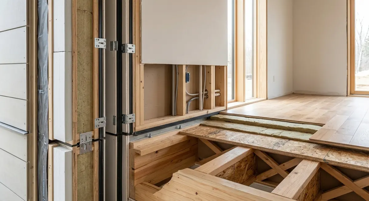 3D render of modular home construction showing wall framing, insulation, and flooring layers