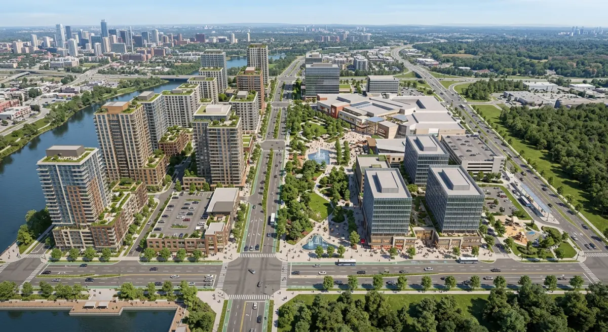 3D render of a mixed-use urban development site with residential, commercial, and green spaces