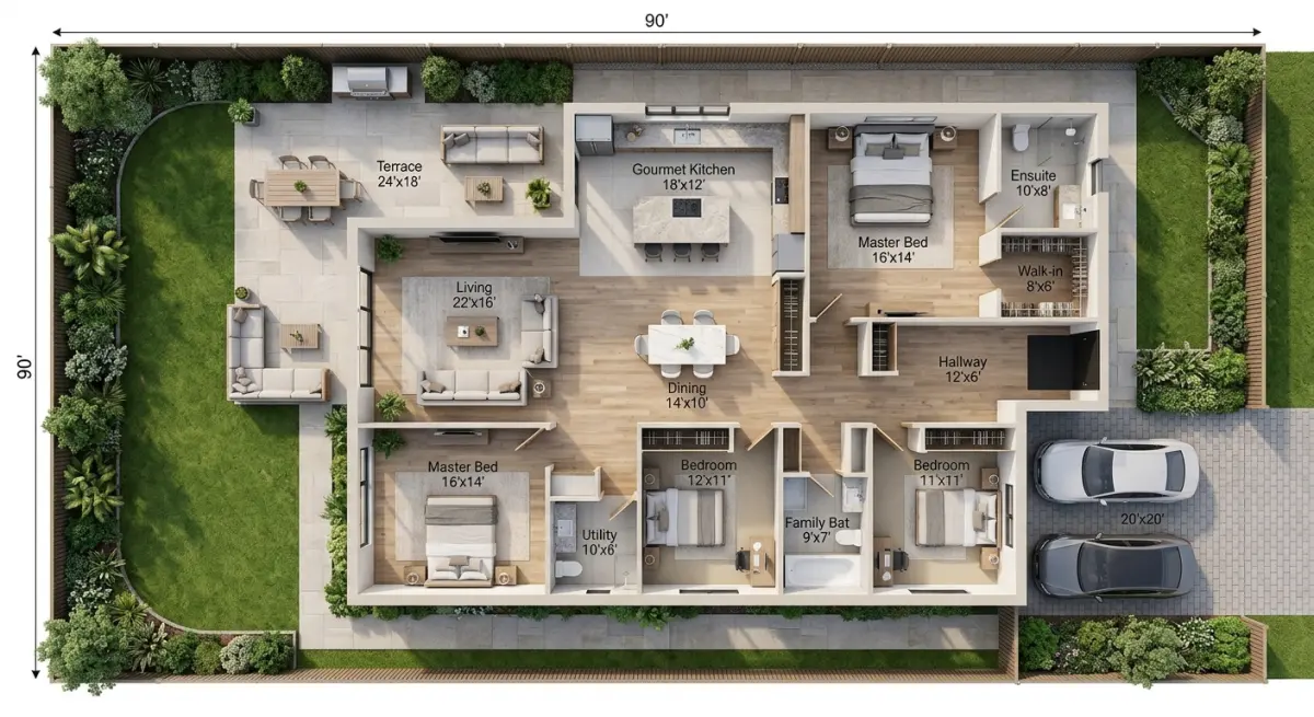 3D render of a modern house floor plan with exterior landscaping and furniture