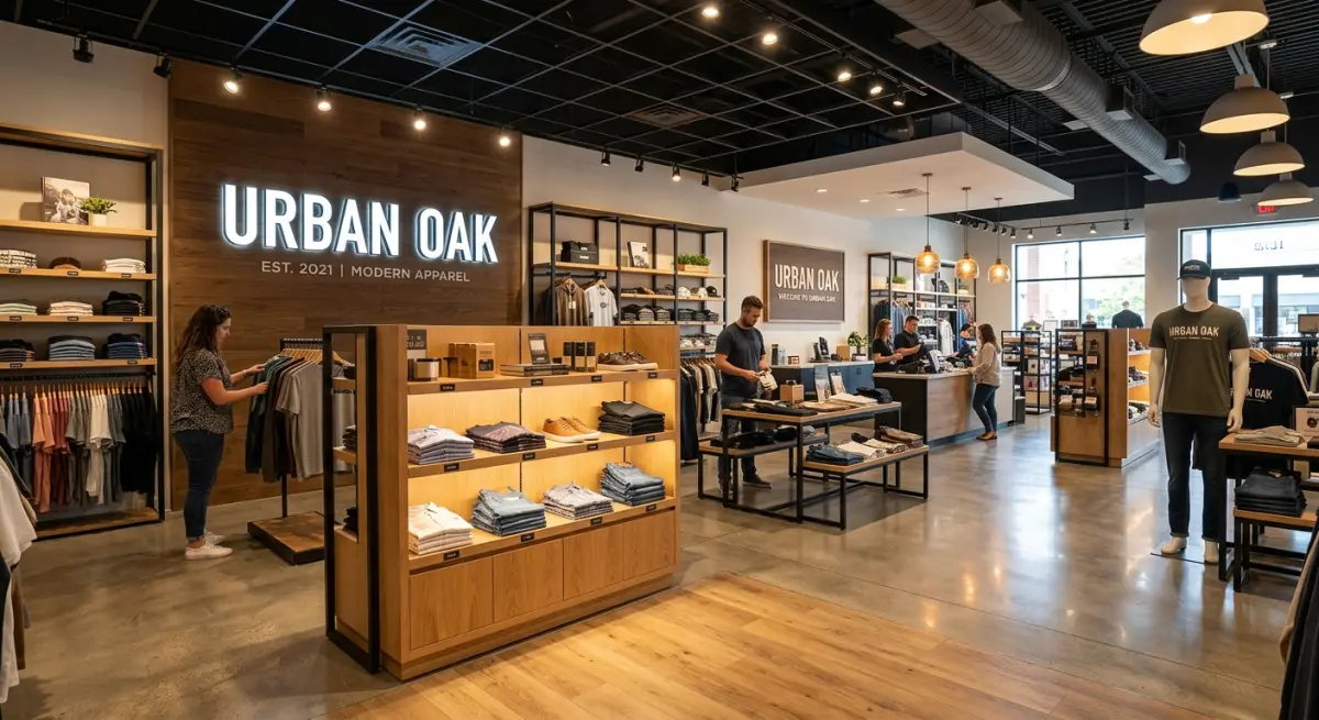3D render of Urban Oak modern apparel store interior, showcasing retail fit-out and displays