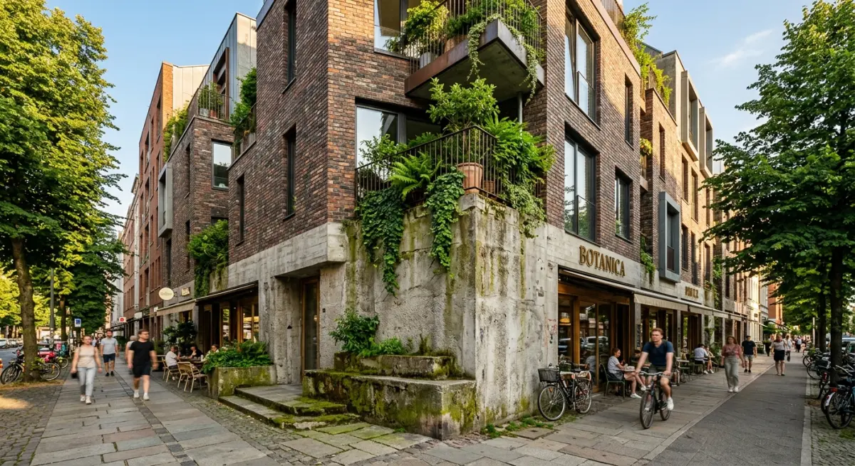 3D render of modern brick building with cafe, sidewalk, trees, and people