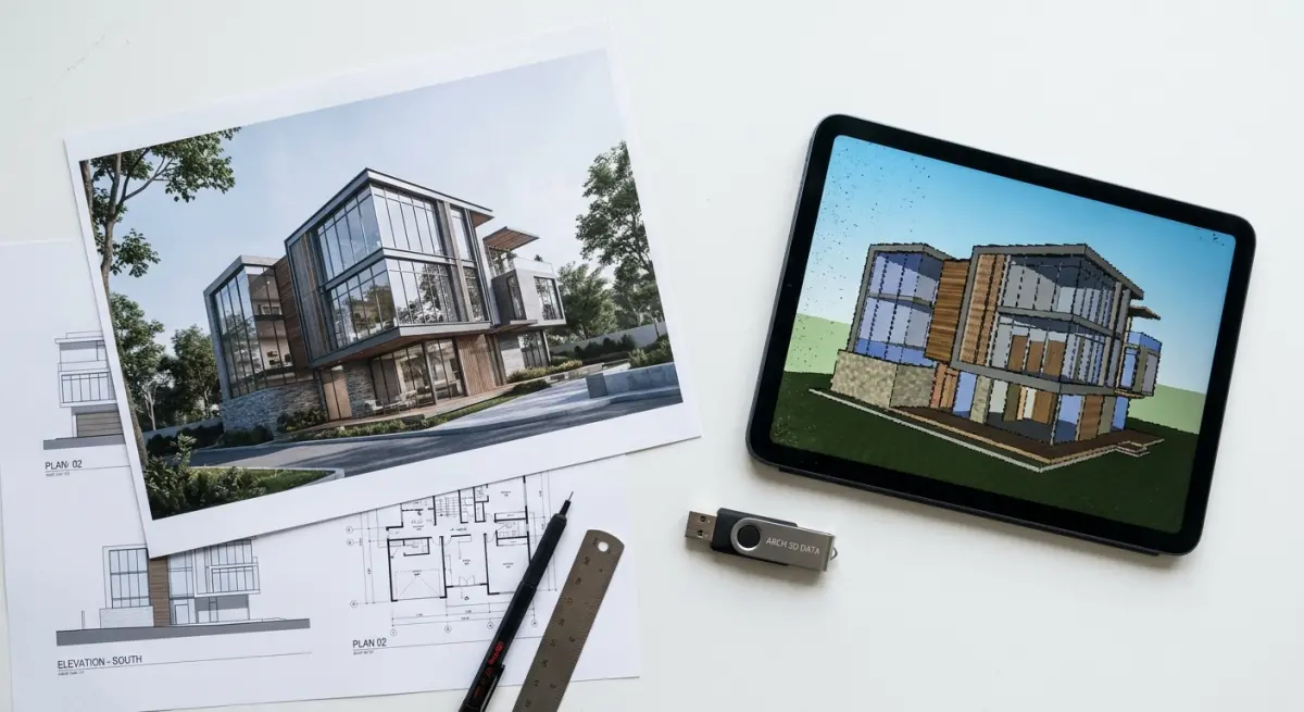 3D render of modern house design with blueprints and USB drive on white background