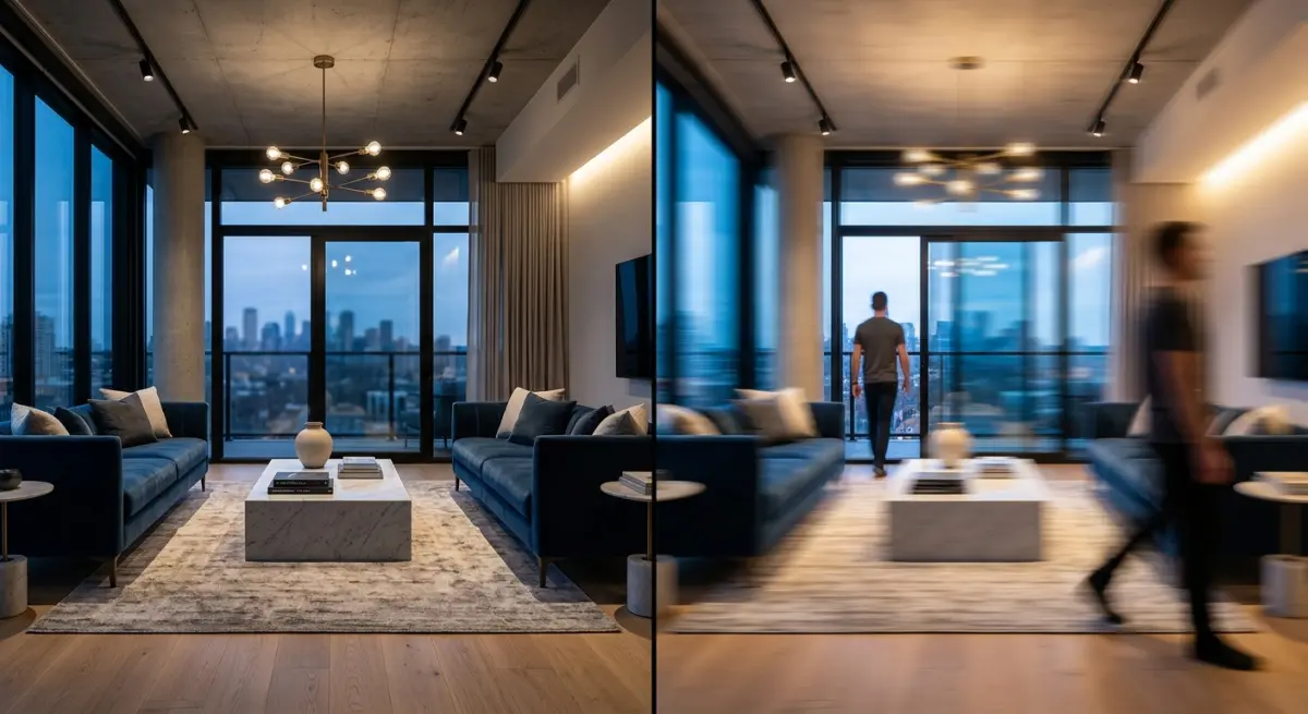 3D render of modern apartment living room with city view and motion blur effect