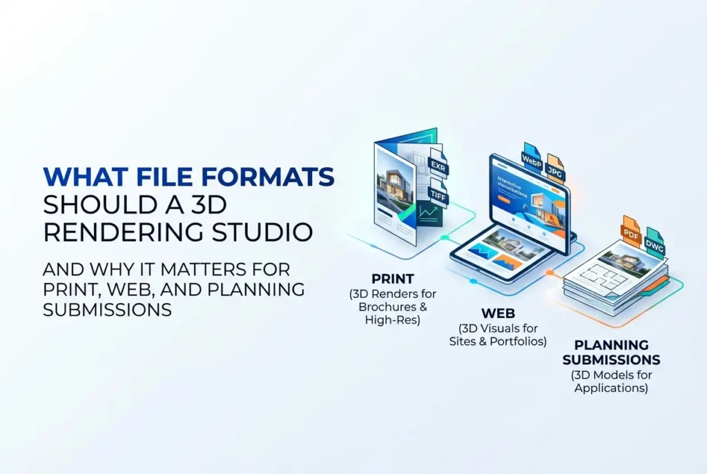 3D render illustrating file formats for print, web, and planning submissions for 3D rendering studios — What File Formats S