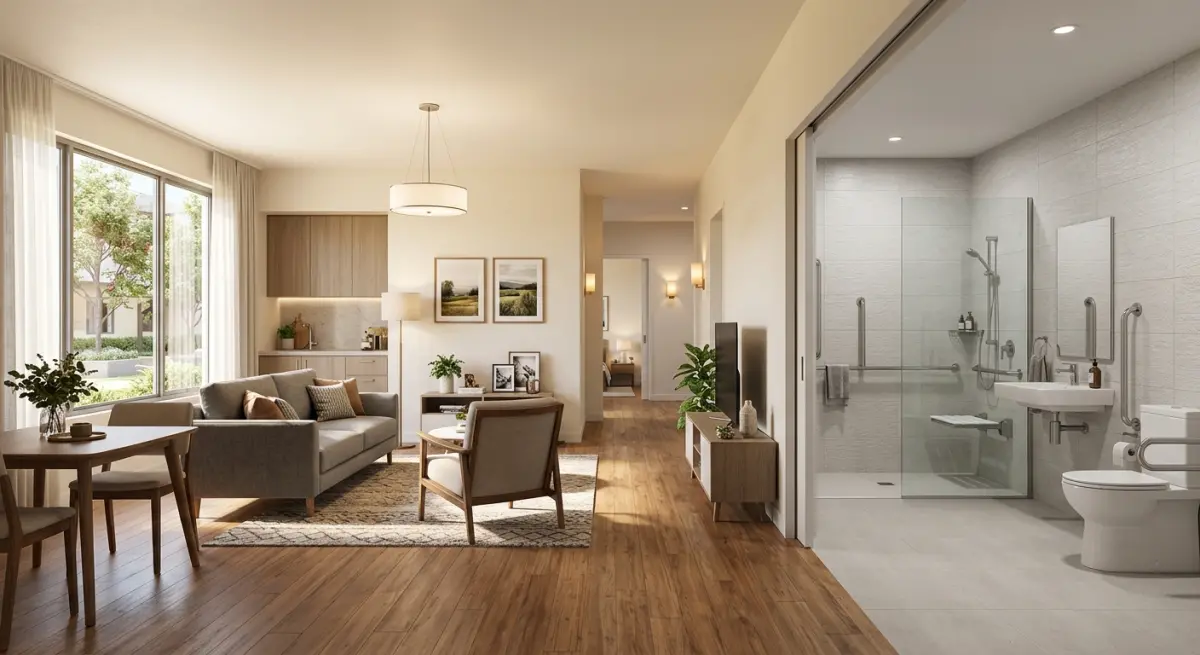 3D render of a modern assisted living apartment living room and accessible bathroom