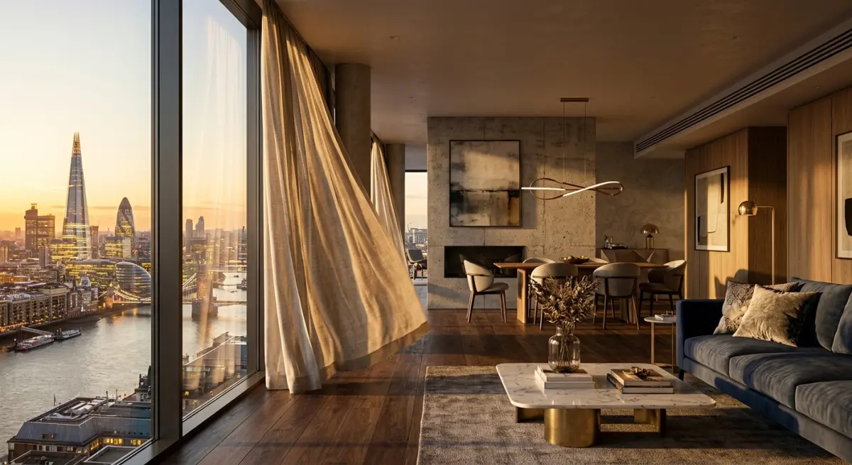 3D render of luxury apartment interior with large window overlooking London skyline at sunset