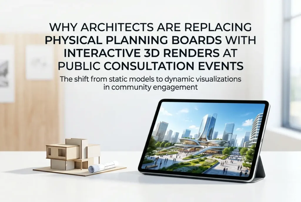 3D render of architectural 3D model and tablet showcasing interactive city render — Why Architects Are Replacing Physical P