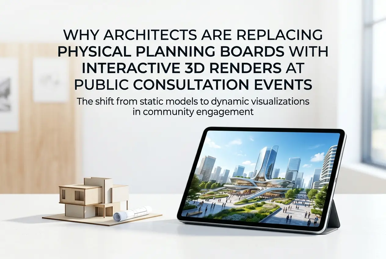 3D render of architectural 3D model and tablet showcasing interactive city render — Why Architects Are Replacing Physical P