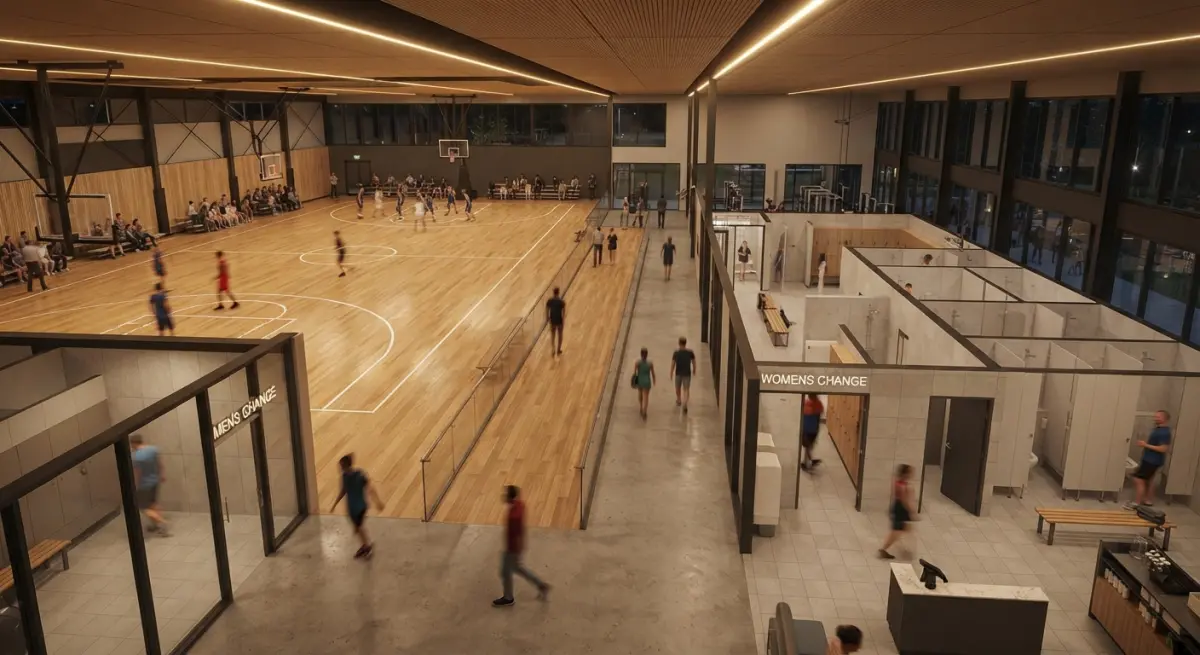 3D render of modern sports facility interior with basketball court and changing rooms