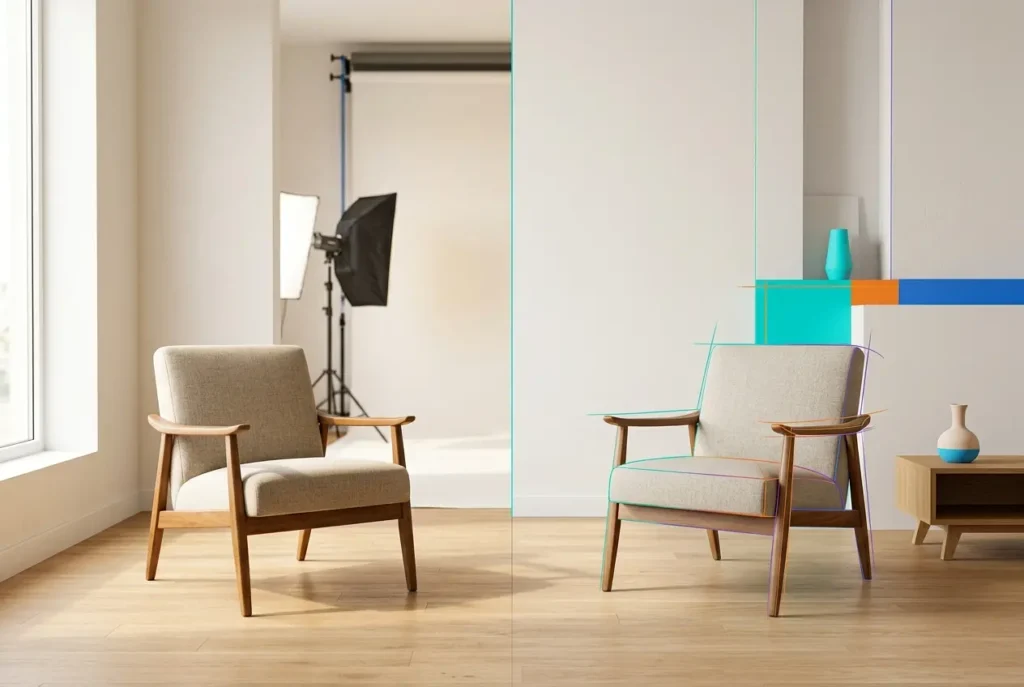 3D render of beige armchair with wooden frame on hardwood floor, comparing studio setup and CGI — 3D Furniture Rendering vs
