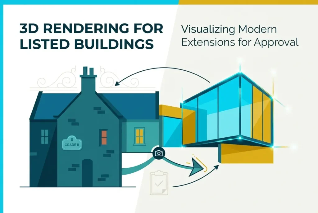 3D render of a modern glass extension proposed for a traditional Grade II listed building — 3D Rendering for Grade II Liste