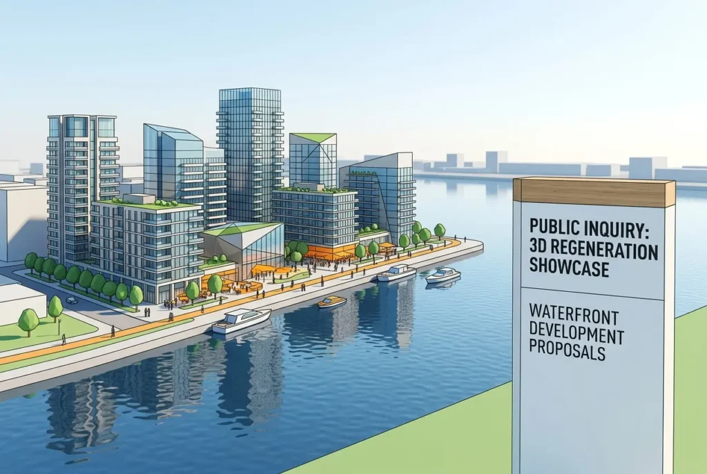 3D render visualizing a public inquiry showcase for waterfront development proposals — 3D Rendering for Mixed-Use Waterfron