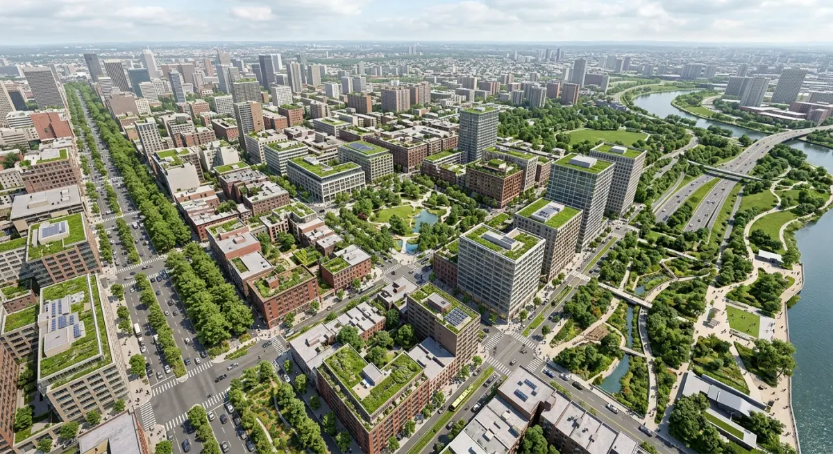 3D render of a modern city with extensive green roofs and parks along a river