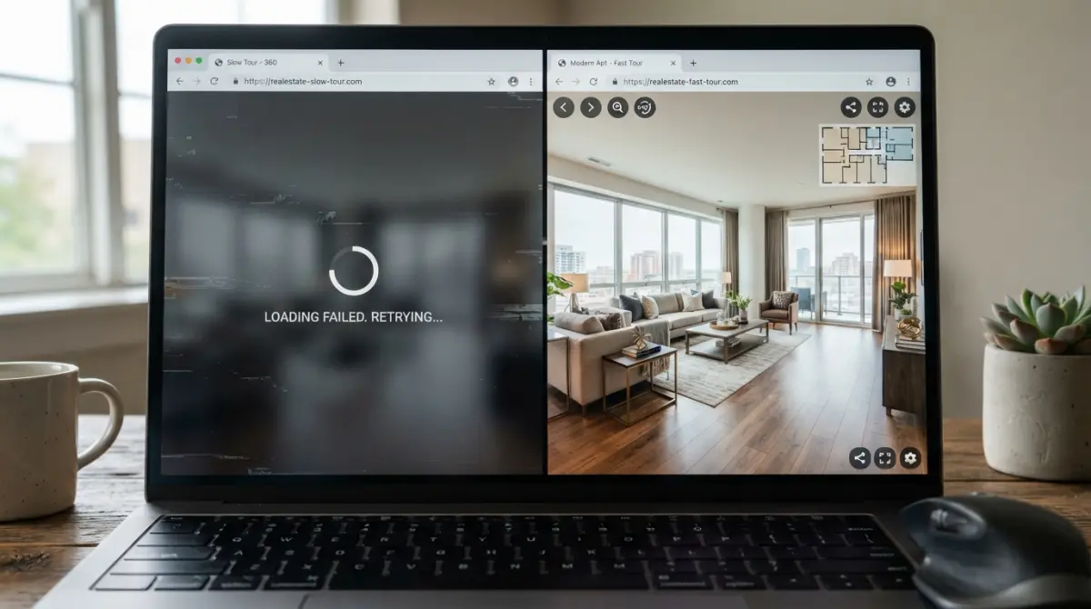3D render of laptop showing a failed 360 virtual tour loading on one side and a successful tour on the other
