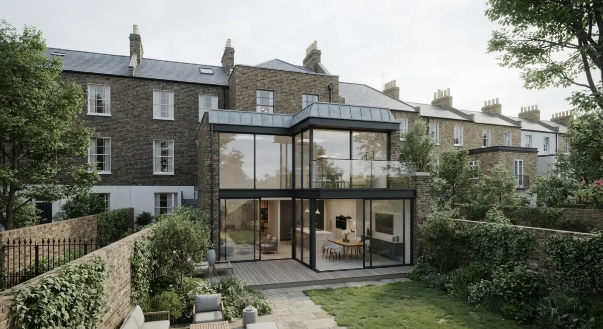 3D render of modern extension visualized for Grade II listed building, showing glass walls and garden