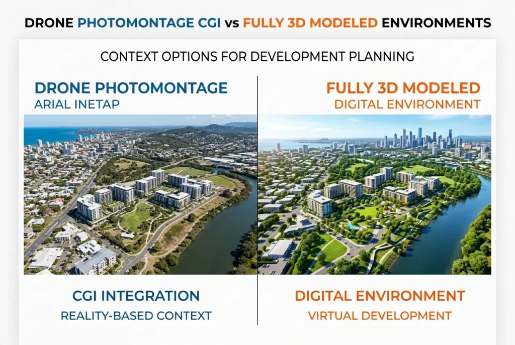 3D render comparing drone photomontage and fully 3D modeled environments for development planning — Drone Photomontage CGI
