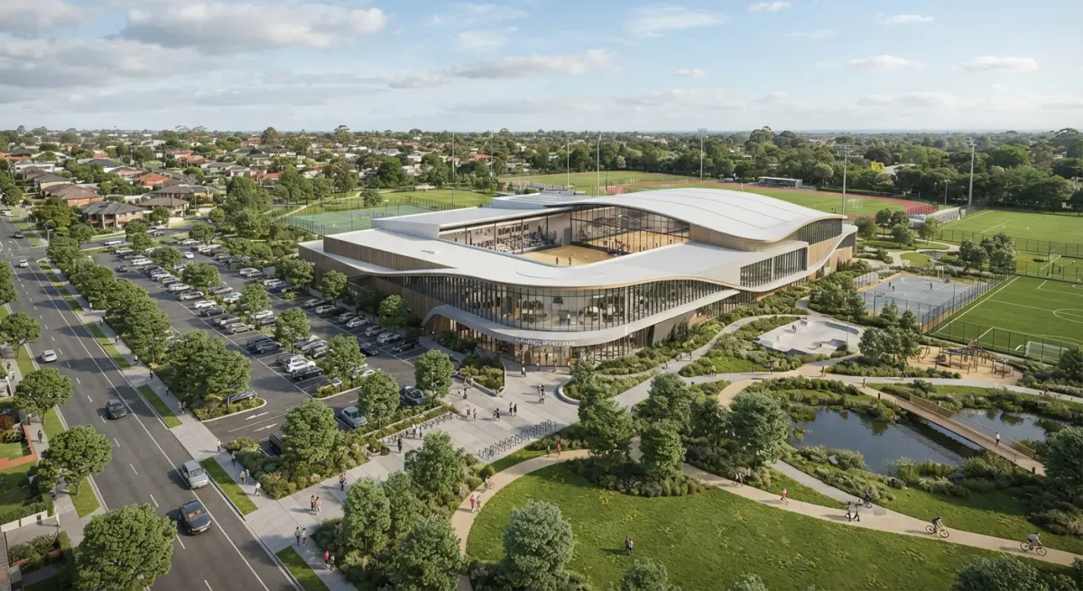 3D render of a modern sports facility complex with surrounding parkland and sports fields