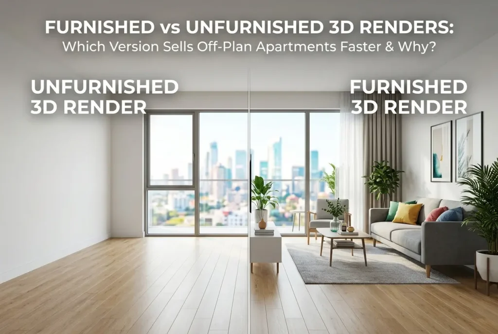 3D render comparing furnished and unfurnished modern apartment interiors with city view — Furnished vs Unfurnished 3D Inter