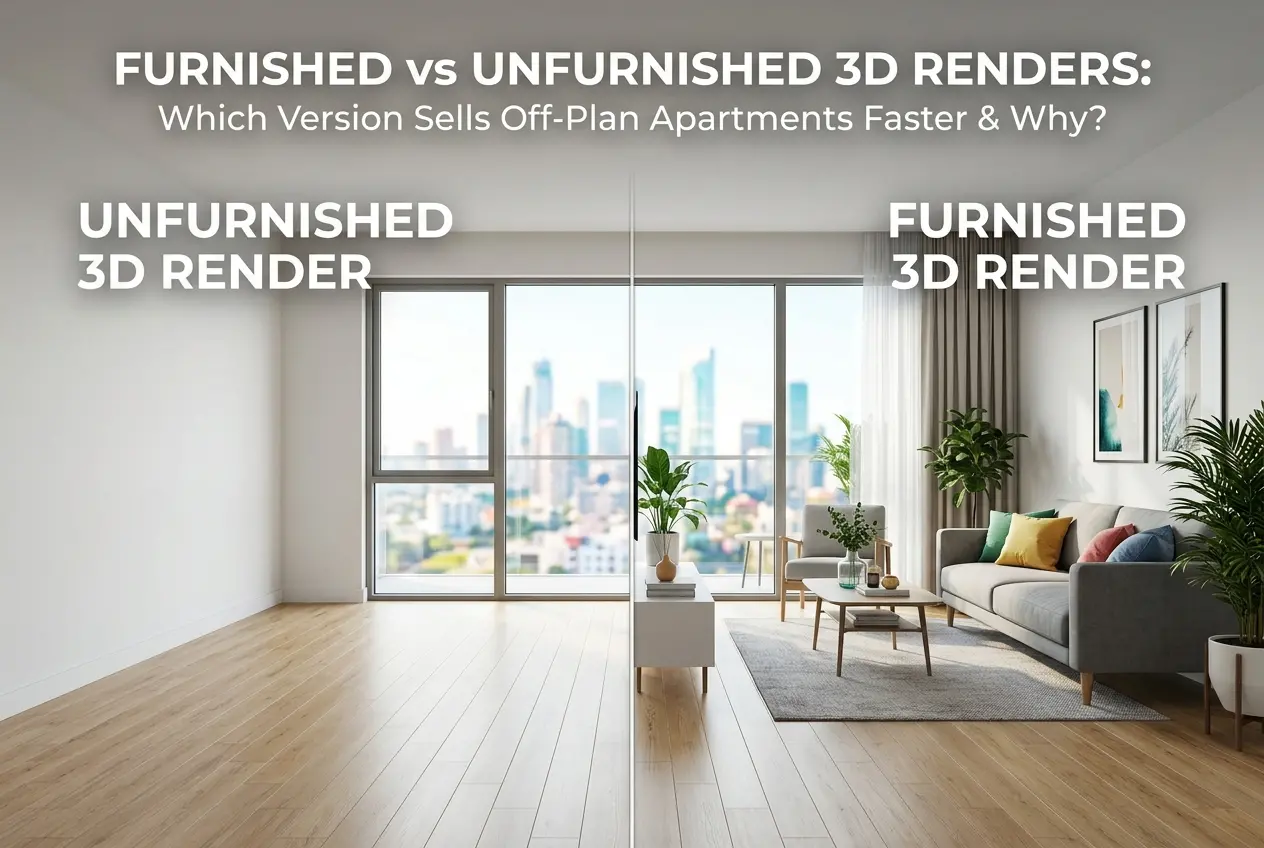 3D render comparing furnished and unfurnished modern apartment interiors with city view — Furnished vs Unfurnished 3D Inter