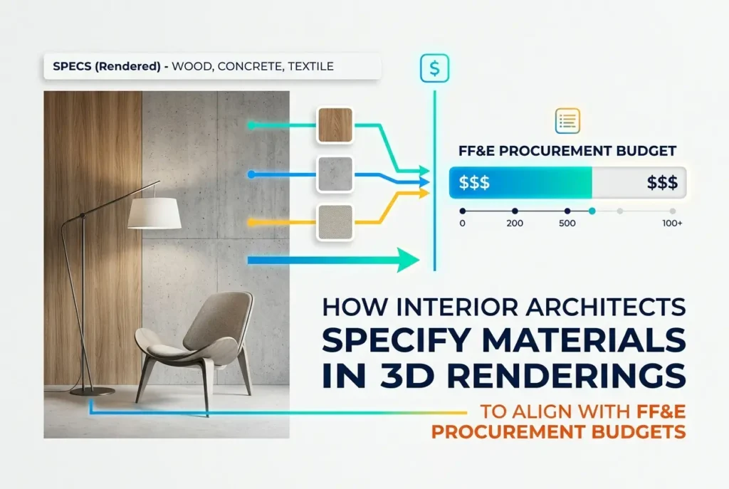 3D render showing interior design materials linked to FF&E budget allocation for architects — How Interior Architects Speci