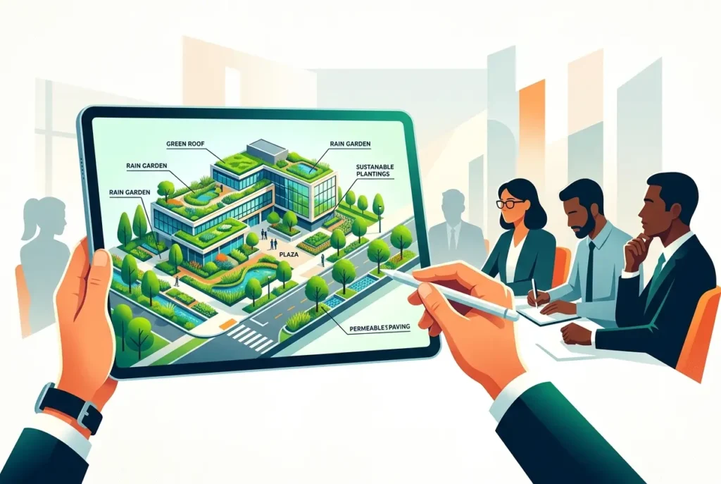 3D render showing green infrastructure design on a tablet during a meeting — How Landscape Architects Use 3D Exterior Rende