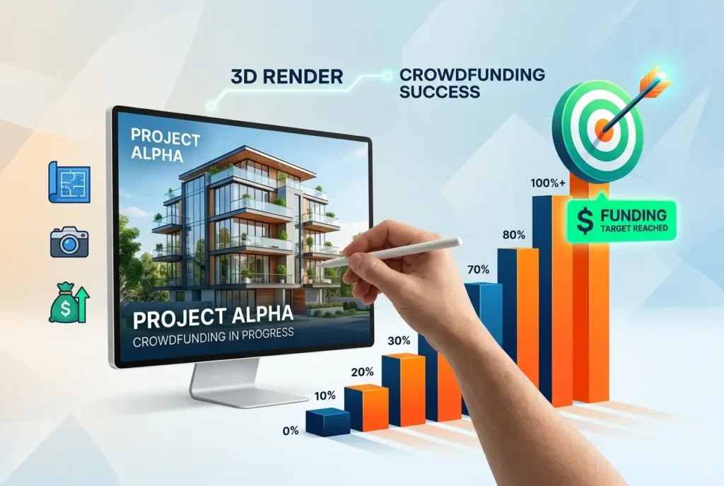 3D render visualizing real estate crowdfunding success with a building, graph, and target — How Property Developers Use 3D