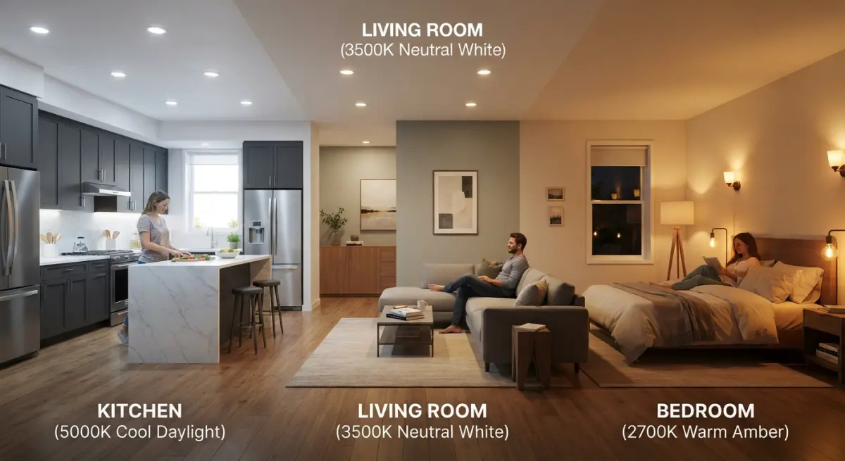 3D render comparing cool, neutral, and warm lighting in kitchen, living room, and bedroom spaces