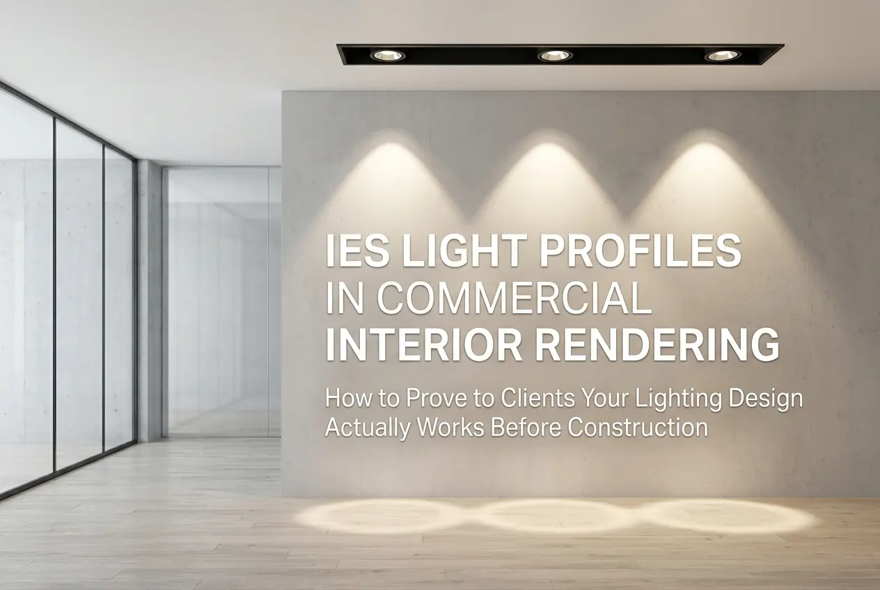 3D render of commercial interior with IES light profiles highlighting the wall and floor — IES Light Profiles in Commercial