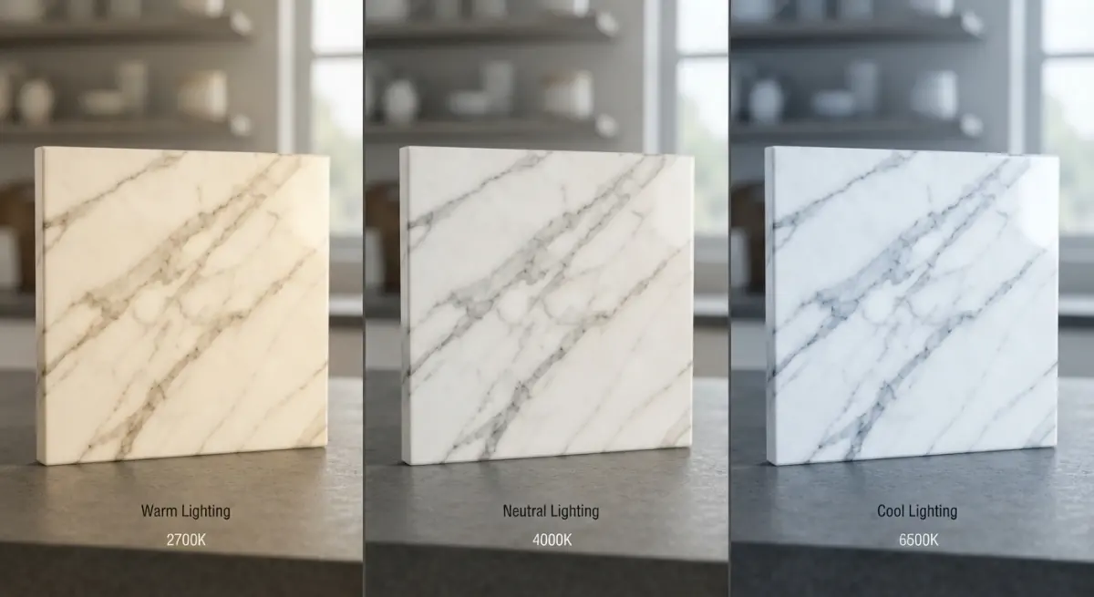 3D render comparing marble material under warm, neutral, and cool lighting conditions