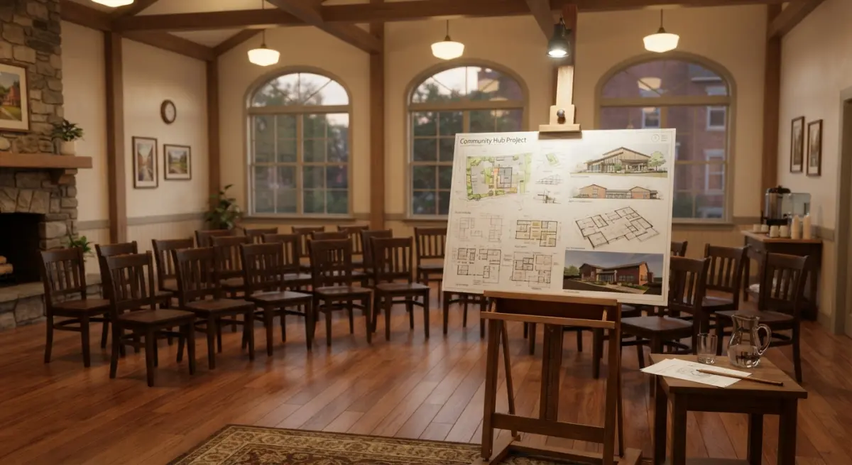 3D render of community hub project plans displayed in a meeting room with chairs