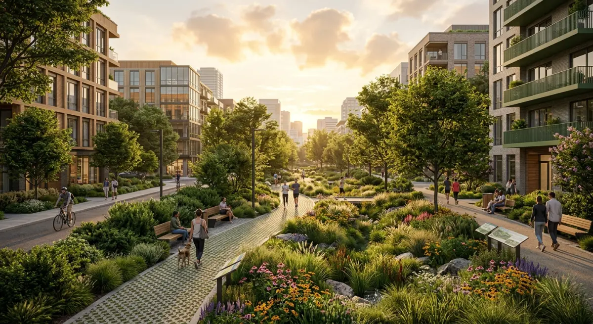 3D render of urban green infrastructure with modern buildings, park, and people enjoying nature