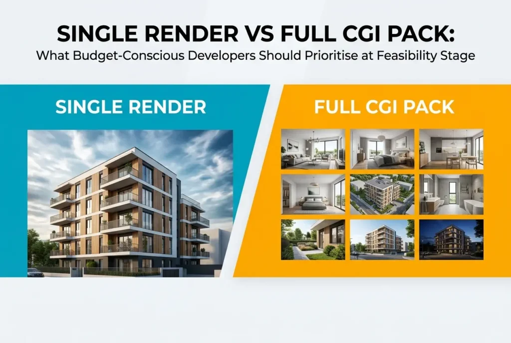 3D render pack showcasing apartment building exterior and interior views, including living room, bedroom, and kitchen — Sin