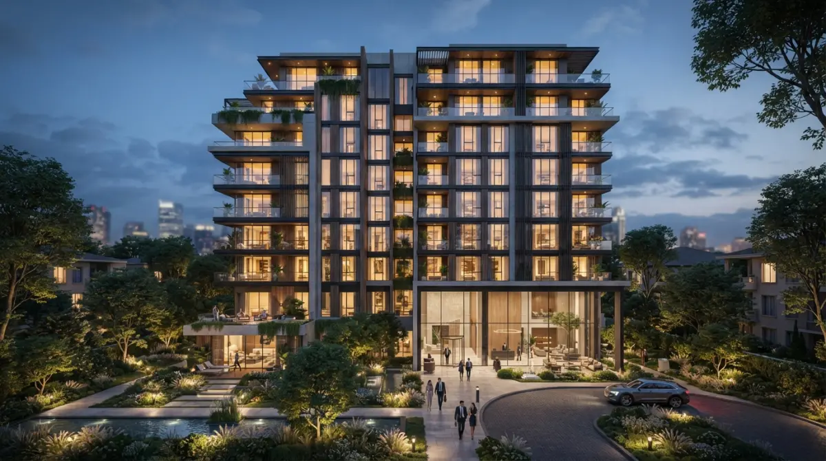 3D render of a modern luxury apartment building at dusk with surrounding gardens and cityscape
