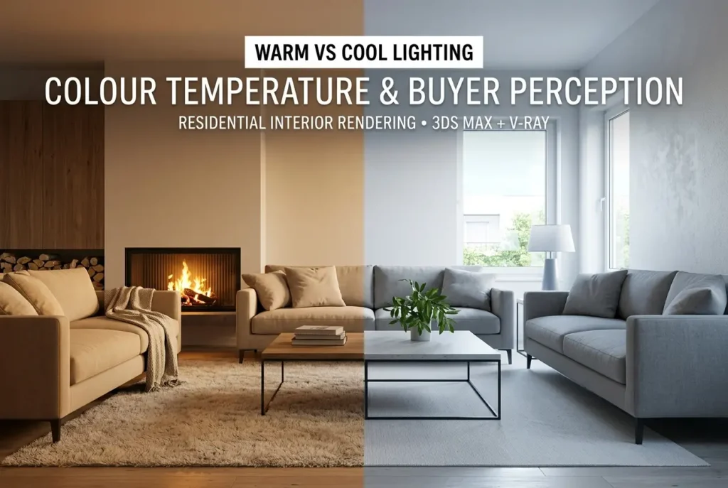 3D render comparing warm and cool lighting in a modern living room — Warm vs Cool Lighting in Residential Interior Renderin