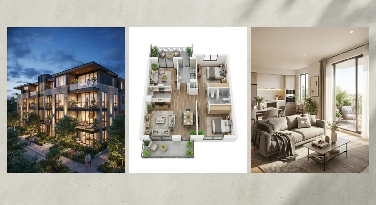 3D render of a modern apartment building exterior at dusk with balconies and landscaping