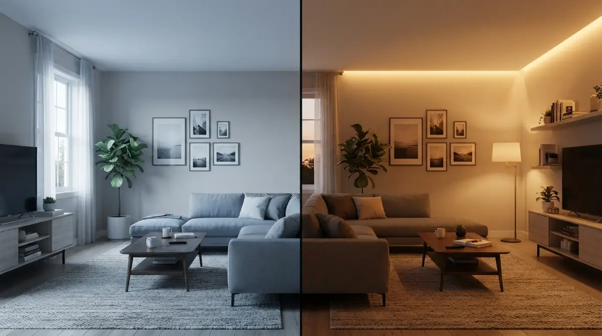 3D render comparing warm and cool lighting in a modern living room interior