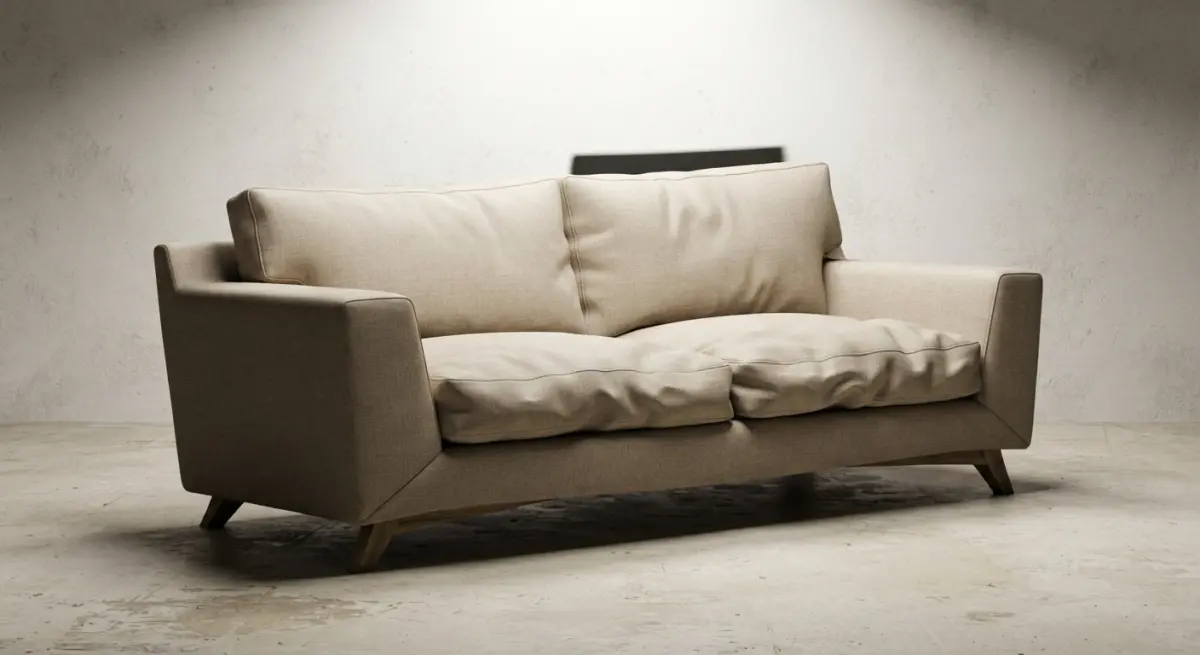 3D render of a modern beige fabric sofa in a minimalist studio setting