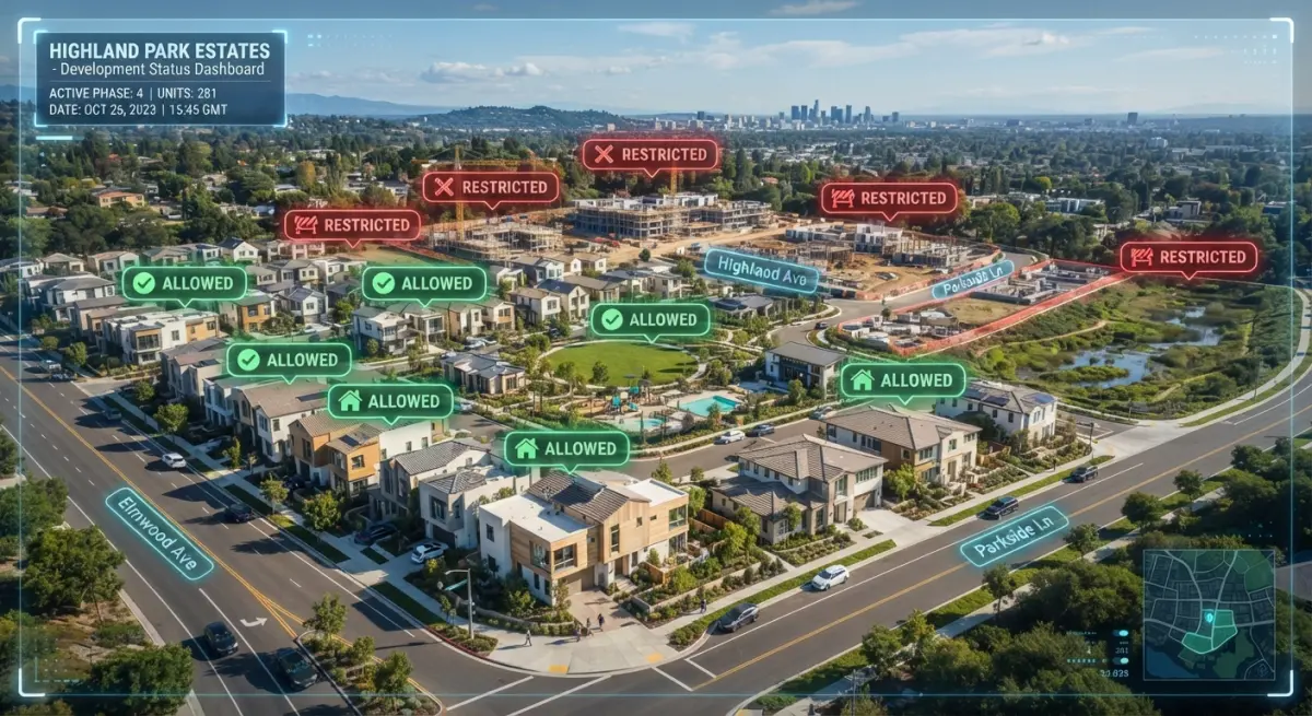 3D render of a residential development with status indicators for allowed and restricted areas