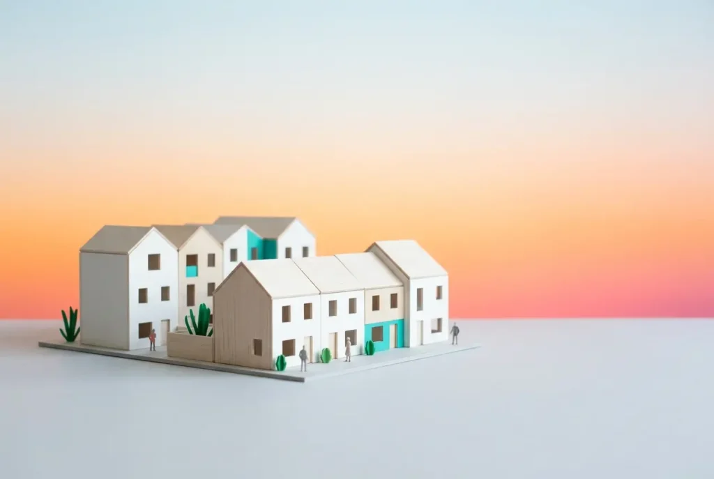 3D render of miniature affordable housing development with pastel sky background — 3D Rendering for Affordable and Social H