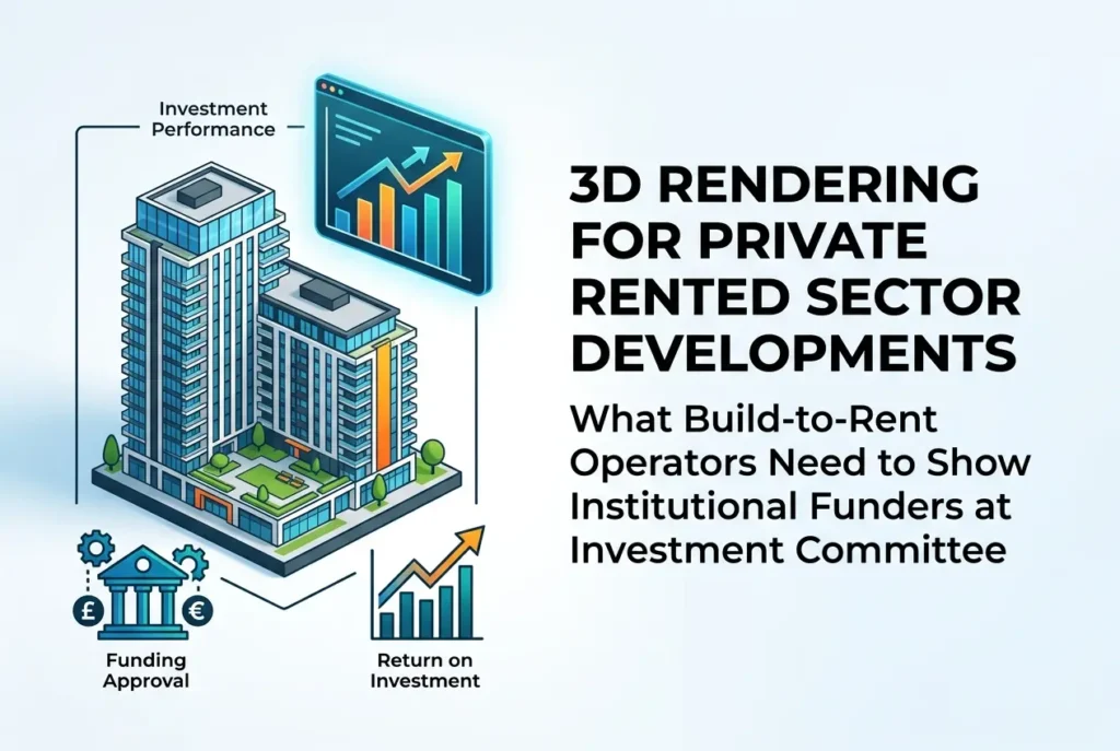 3D render of residential development buildings, depicting investment performance, funding, and return on investment — 3D Re