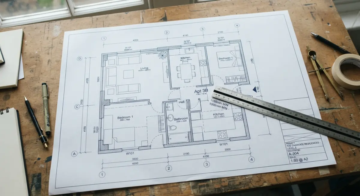 3D render of architectural blueprint for affordable housing development, showing floor plan details