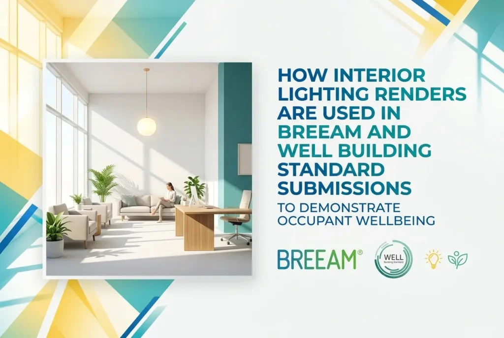 3D render of a modern office interior demonstrating lighting for BREEAM and WELL building submissions — How Interior Lighti