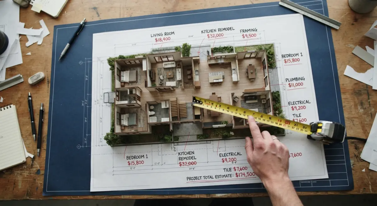 3D render of a floor plan model with cost estimates for renovation project