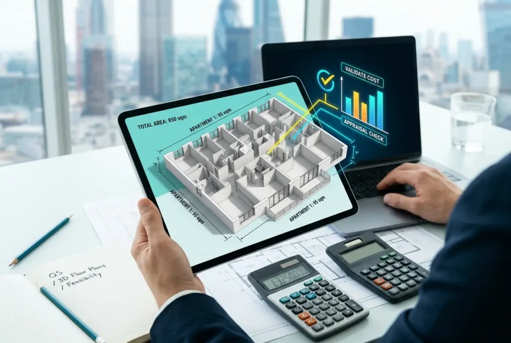 3D render of quantity surveyor using tablet with 3D floor plan for development appraisal — How Quantity Surveyors and Cost