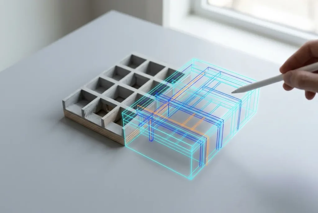 3D render showing blueprint overlay on concrete building model, used for engineering proposals — How Structural Engineers A