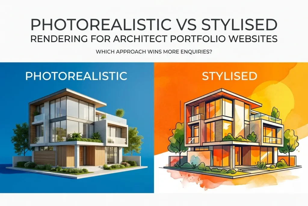 3D render comparison of photorealistic vs stylised architectural rendering for portfolio websites — Photorealistic vs Styli