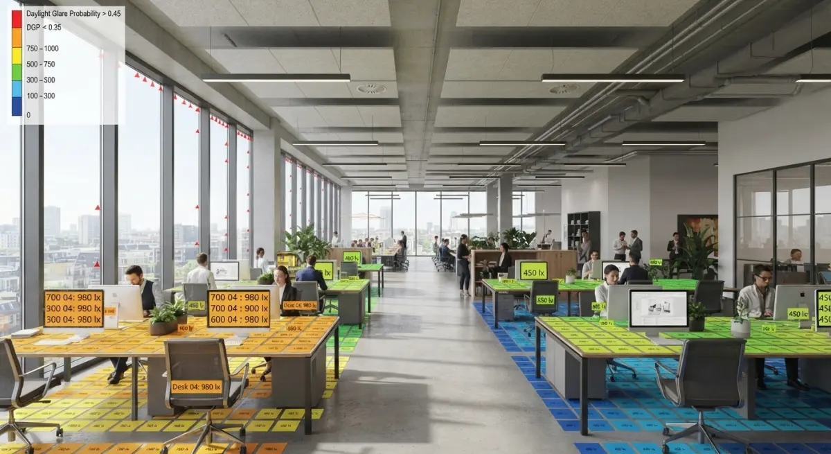 3D render showing office interior lighting analysis for BREEAM and WELL standards