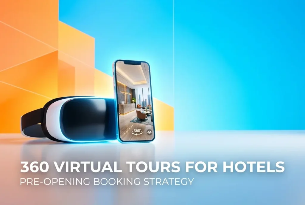 VR headset and smartphone displaying a 360 virtual tour of a hotel lobby — 360 Virtual Tour Rendering for Hotel Pre-Opening