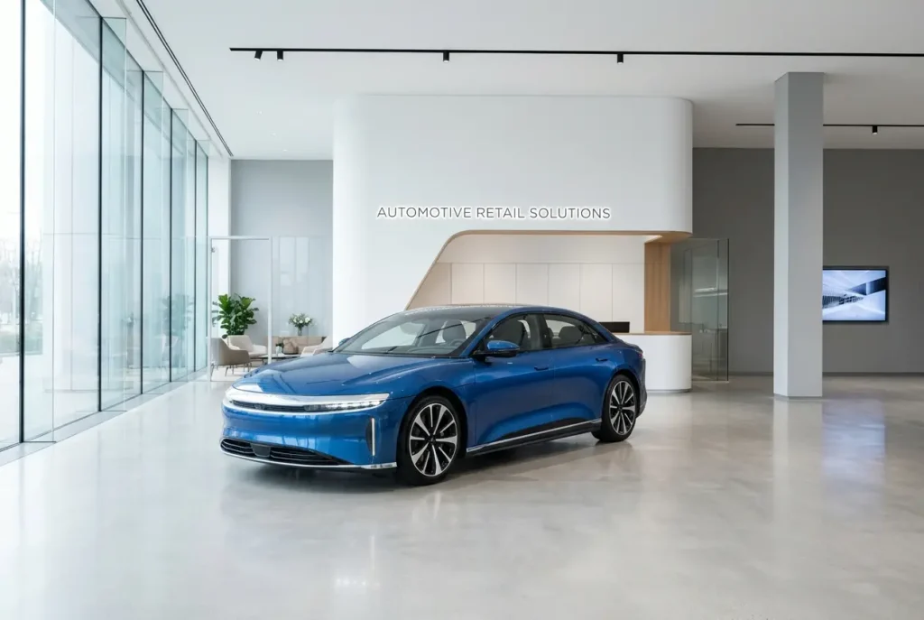 A blue electric car is displayed in a spacious, modern showroom with large windows and minimalist design — 3D Rendering for