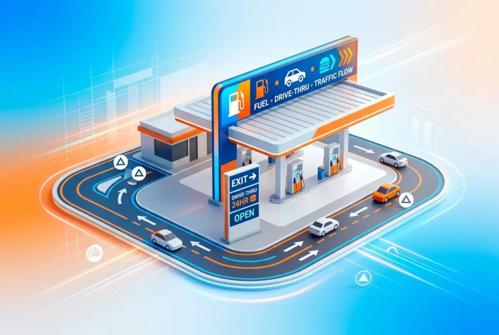3D rendering of a modern petrol station with a drive-thru, showcasing traffic flow, canopy, and signage for planning — 3D R